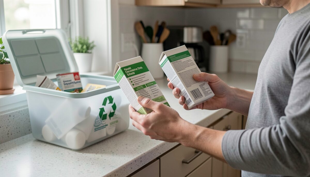 A recycling bin beside a kitchen counter where a person holds two product cartons and compares their printed panels.