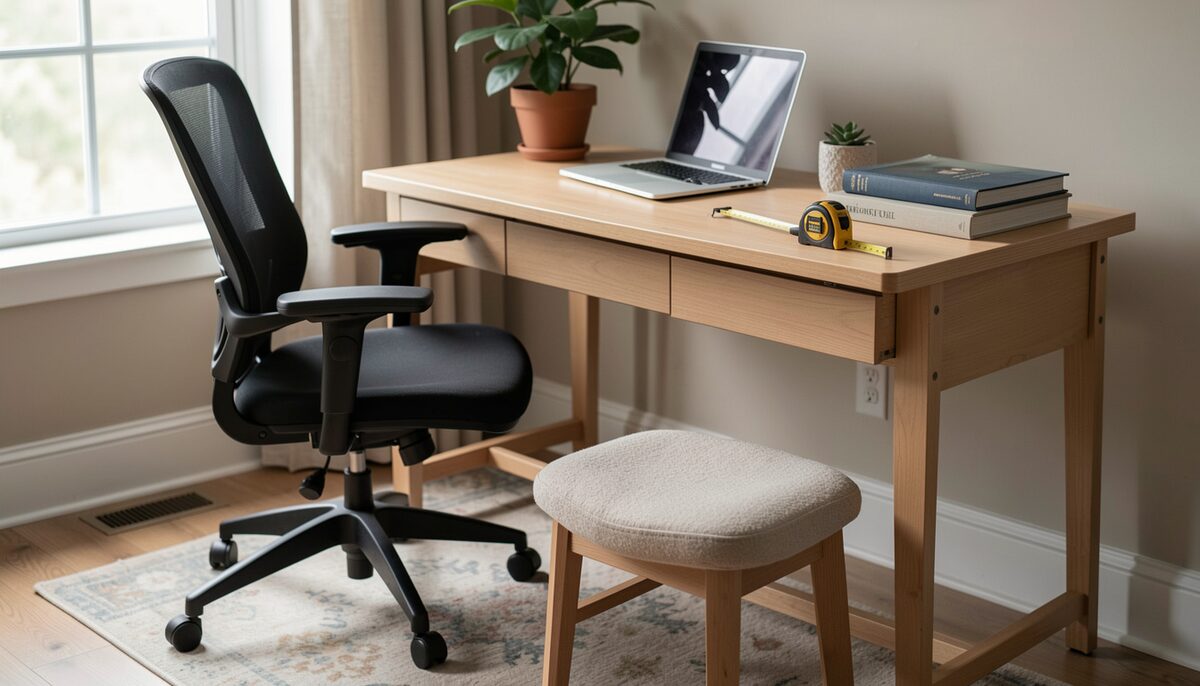A home desk with a chair pulled out, a stool used as a footrest, a laptop on a stack of books and a tape measure on the seat.