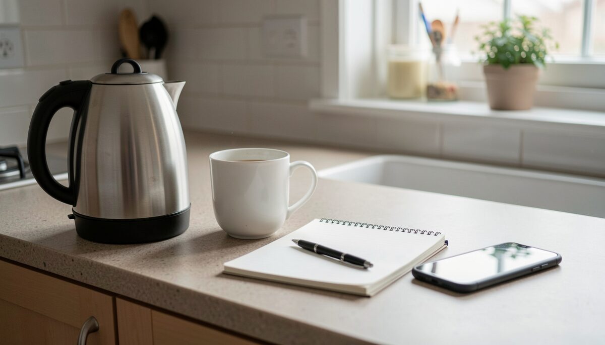 A kitchen counter at breakfast time with a kettle, a mug, a paper notebook and a pen laid out beside a phone face down.