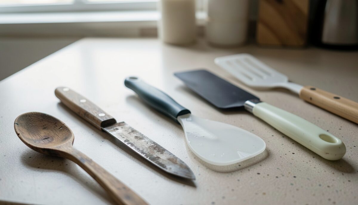 A kitchen counter with a worn wooden spoon, a dull knife and a warped plastic spatula beside a newer replacement set.