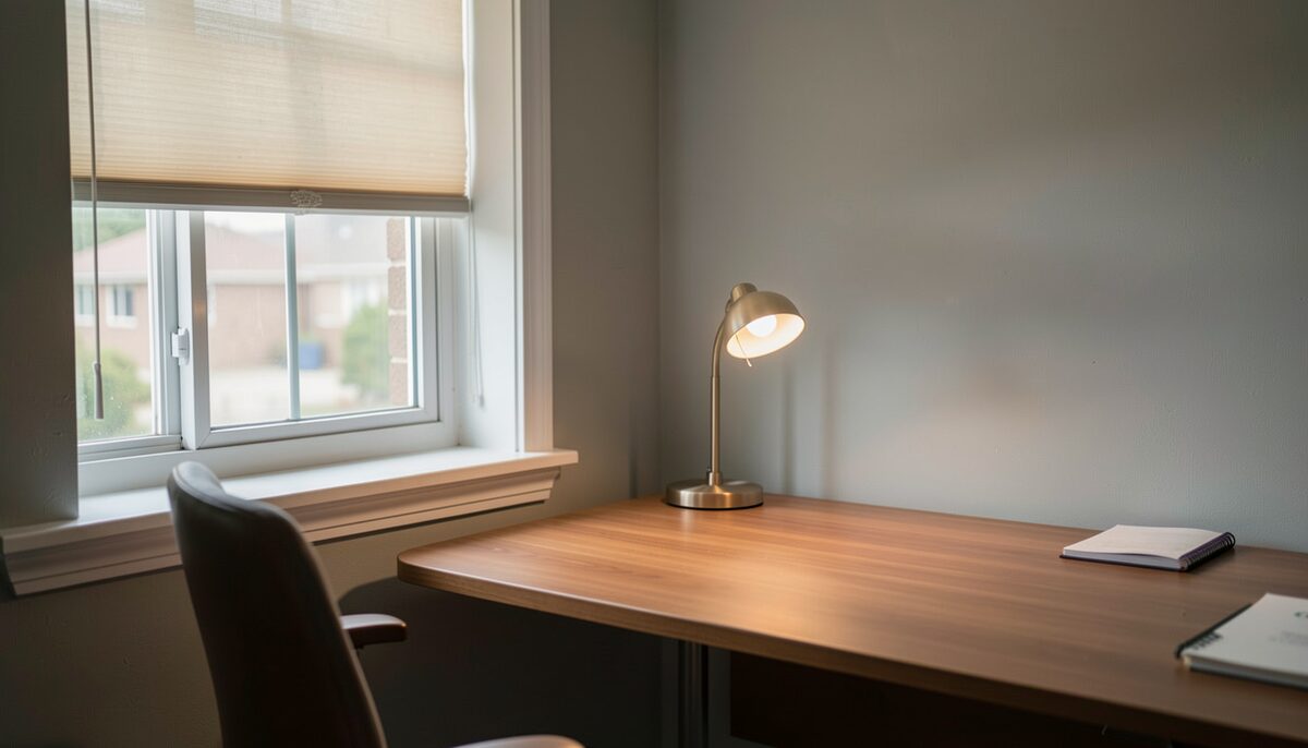 A corner desk beside a window with a small lamp angled toward the work surface and a blind partly lowered.