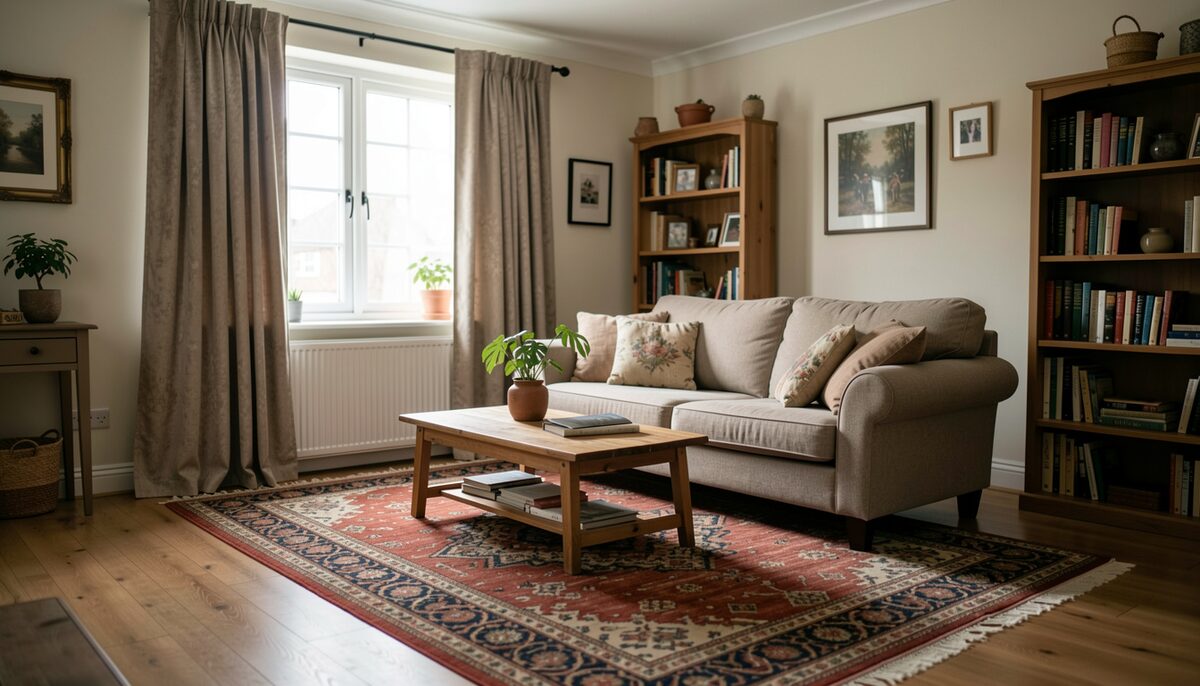 A living room with a thick rug under a sofa, heavy curtains at the window and a bookshelf against the shared wall.