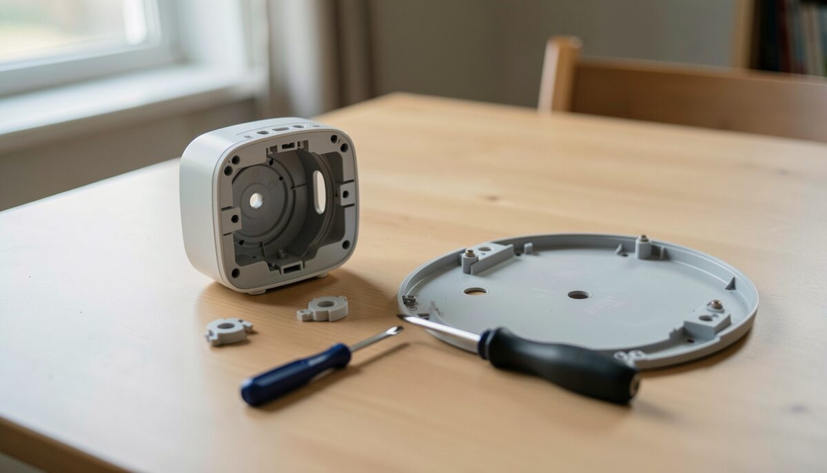 A table with a small household appliance partly disassembled, a screwdriver, and the removed back panel resting flat beside it.