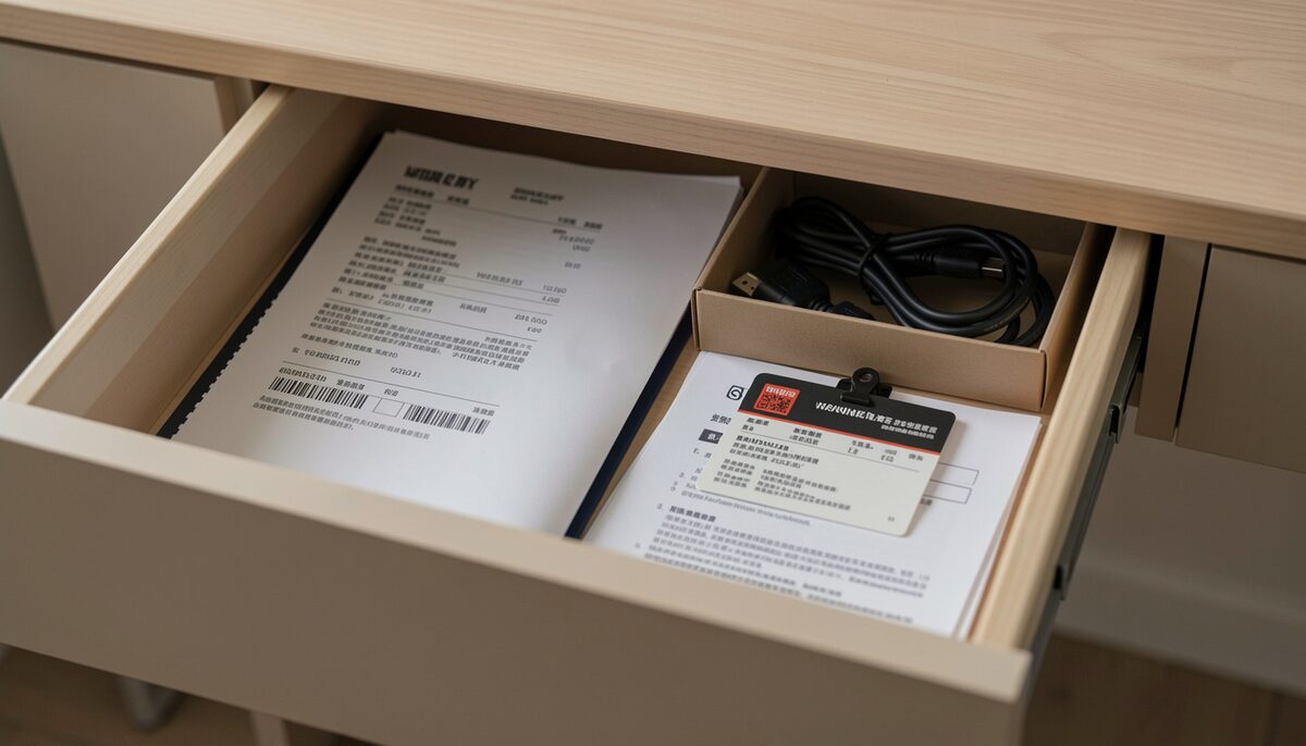 A desk drawer open to show a folder of receipts, a small box of cables and a warranty card clipped to a manual.