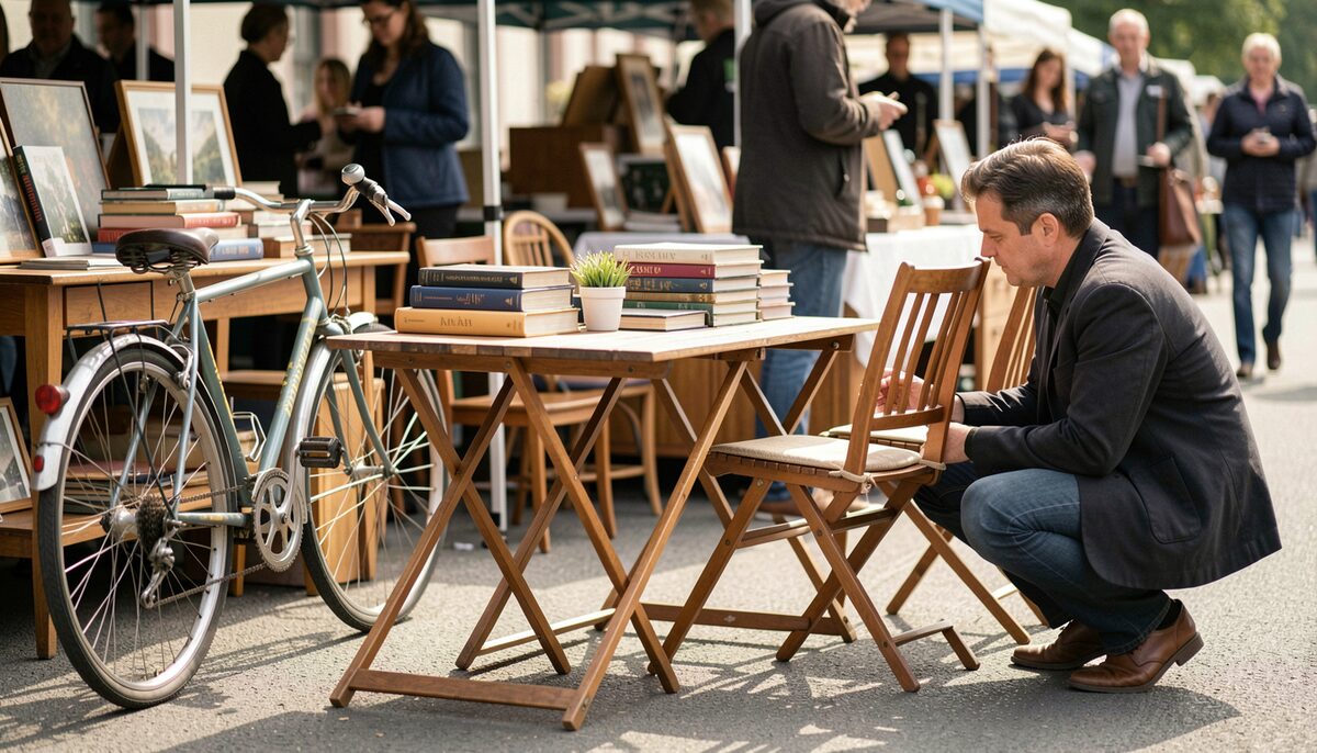 A folding table at an outdoor market with second hand furniture, a bicycle and a stack of books, with a buyer crouching to look at a chair joint.