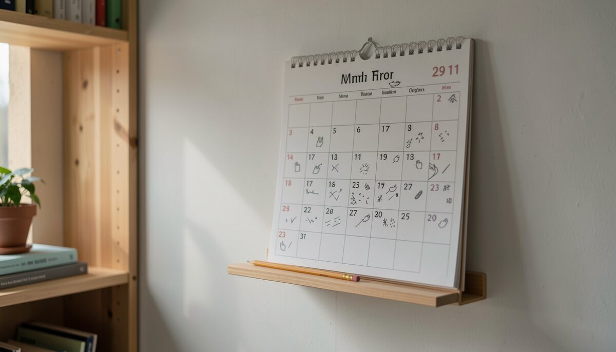 A wall calendar with small hand drawn marks and a pencil resting on a nearby shelf.