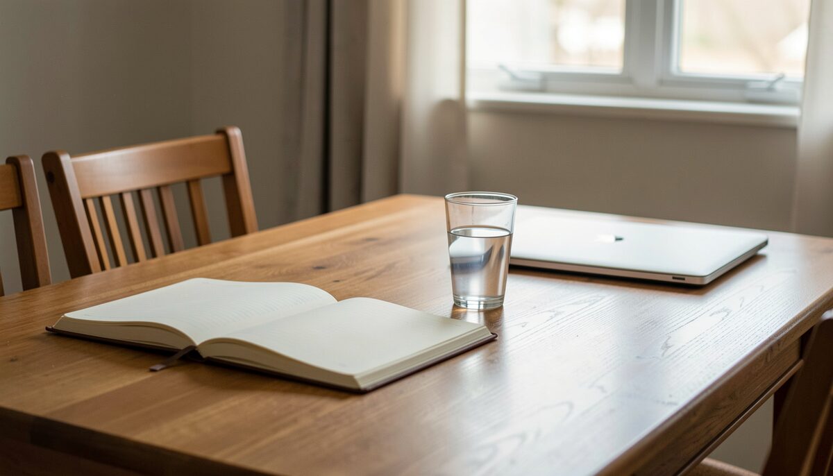 A dining table on a Sunday afternoon with an open notebook, a glass of water and a closed laptop pushed to one side.