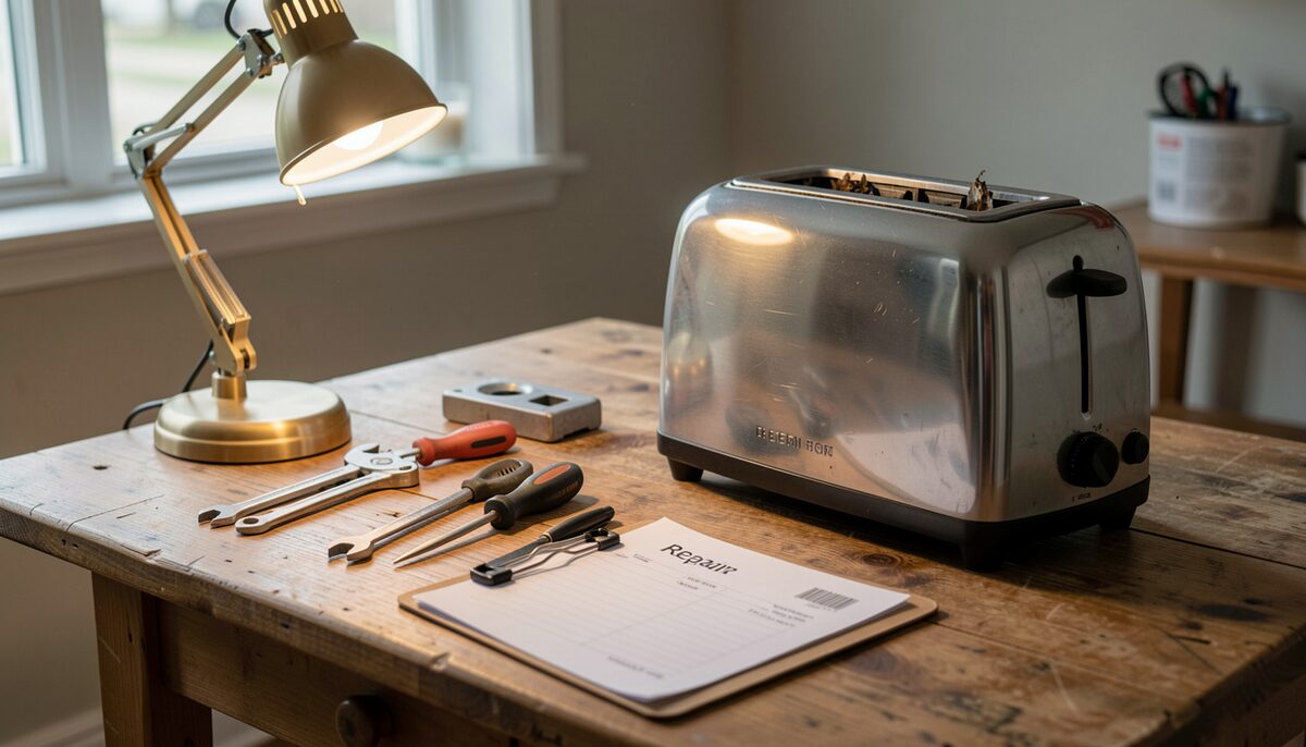 A repair cafe style table with a lamp, a small toolkit, a defective toaster and a repair ticket on a clipboard.